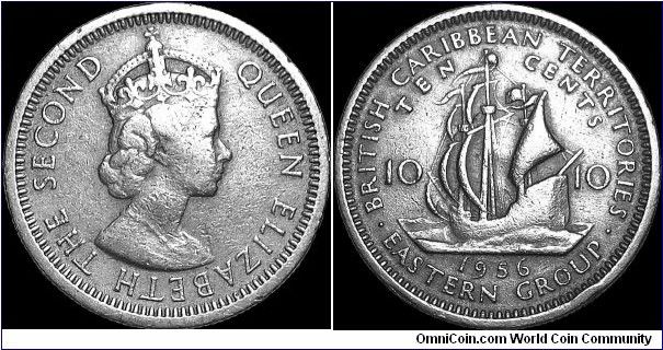East Caribbean State - British Caribbean Territories - 10 Cents - 1956 - Weight 2,57 gr - Copper/Nickel - Size 18,01 mm - Thickness 1,35 mm - Alignment Medal (0°) - Ruler / Elizabeth II - Engraver Obverse / Cecile Thomas - Engraver Reverse / Thomas Humprey Paget - Edge : Reeded - Mintage 4 000 000 - Reference KM# 5 (1955-65)