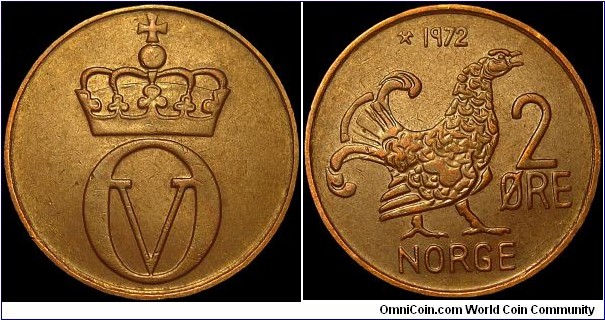Norway - 2 Öre - 1972 - Weight 4,0 gr - Bronze - Size 21 mm - Alignment Medal (0°) - Regent / Olav V (1957-91) - Object Reverse / Moor-hen - Mint Marks / Crossed hammers = Kongsberg Norway - Edge : Plain - Mintage 15 897 984 - Reference KM# 410 (1959-72)