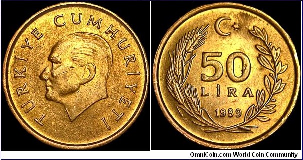 Turkey - 50 Lira - 1989 - Weight 3,25 gr - Aluminium/Bronze - Size 18,7 mm - Alignment Coin (180°) - President / Turgut Özal (1989-93) - Obverse Object / Head of Kemal Atatürk left - Edge : Reeded - Mintage 25 463 000 - Reference KM# 987 (1988-94)