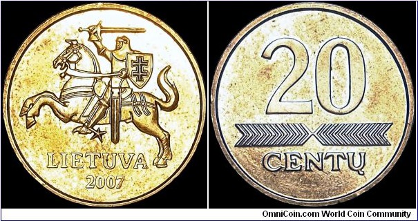 Lithuania - 20 Centu - 2007 - Weight 4,77 gr - Brass - Size 20,43 mm - Thickness 2,1 mm - Alignment Medal (0°) - Designer Obverse / Arvydas Kazdailis - Designer Reverse / Antanas Zukauskas - Edge : Reeded - Reference KM# 107 (1997-)