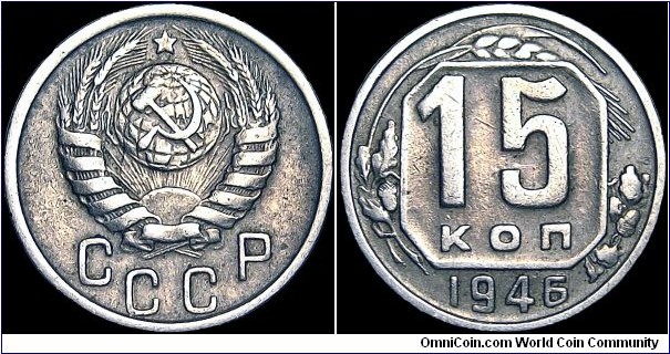 Russia - 15 Kopeks - 1946 - Weight 2,7 gr - Copper/Nickel - Size 19,56 mm - Alignment Medal (0°) - Edge : Milled - Reference Y# 110 (1937-46)