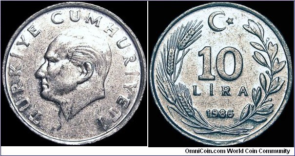 Turkey - 10 Lira - 1986 - Weight 2,3 gr - Aluminium - Size 25 mm - Alignment Coin (80°) - President / Kenan Evren (1982-89) - Obverse object / Head of Kemal Atatürk left - Edge : Reeded - Mintage 78 224 000 - Reference KM# 964 (1984-89)