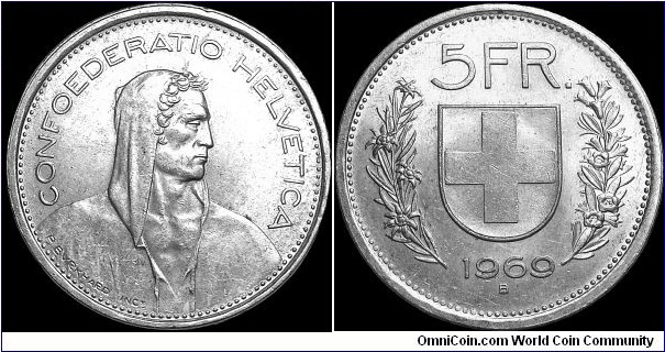 Switzerland - 5 Francs - 1969 - Silvercoin 0,835 Ag - 0,4027 Troy Ounce - Size 31,45 mm - Alignment Coin (180°) - Engraver Reverse / P Burkhard - Mintmark B = Bern Switzerland - Edge : Hollowe latine lettering with 13 stars / 