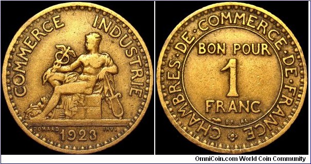 France - 1 Franc - 1923 - Weight 4,5 gr - Aluminium/Bronze - Size 23,1 mm - Thickness 1,48 mm - Alignment Coin (180°) - Engraver / Joseph-Francois Domard - Edge : Reeded - Mintage 140 138 000 - Reference KM# 876 (1920-27)