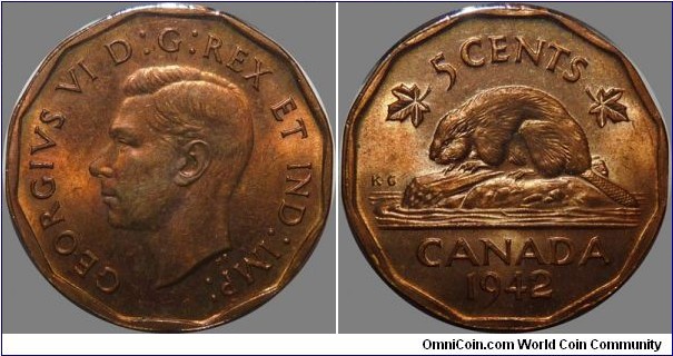 Canada 5 Cents 1942 Tombac