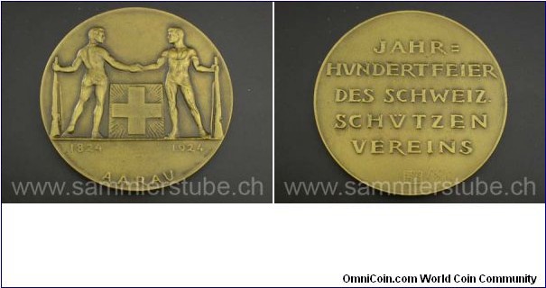 Swiss Aarau Eidgenoessisches Schuetzenfest Medal by Hans Frei/Julius. Bronze 50MM.
