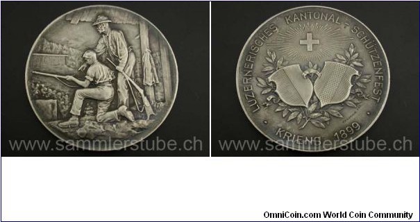 Swiss 
Kriens Kantonal Schuetzenfest Medal by Hugunin. Silver: 38MM.  
