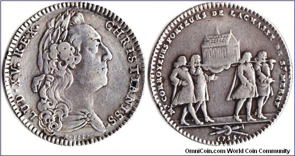 scarcer silver jeton issued for the Currier Guild (leather / hide curers) of Paris. This one minted during the reign of Louis XV in 1755.