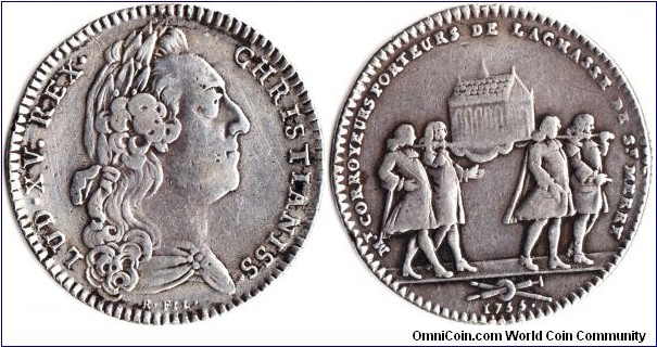 scarcer silver jeton issued for the Currier Guild (leather / hide curers) of Paris. This one minted during the reign of Louis XV in 1755.