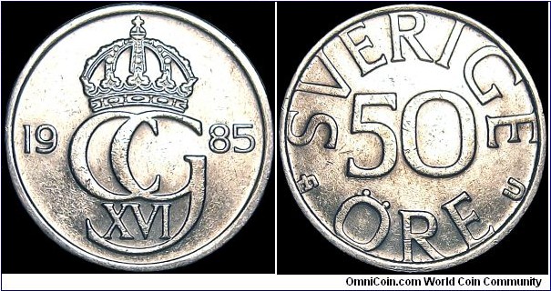 Sweden - 50 Öre - 1985 - Weight 4,5 gr - Copper/Nickel - Size 22 mm - Thickness 1,61 mm - Alignment Medal (0°) - Ruler / Carl XVI Gustaf (1973-) - Minted in Eskilstuna / Sweden - Edge : Plain - Mintage 14 078 477 - Reference KM# 855 (1976-91)