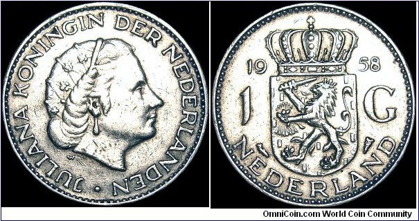 Netherlands - 1 Gulden - 1958 - Silvercoin 0,720 Ag - 0,1504 Troy Ounce - Size 25 mm - AlignmentCoin (180°) - Ruler / Juliana (1948-80) - Designer / L. O. Wenckebach - Edge lettering : *ZIJ*MET*ONS* - Mintage 30 000 000 - Reference KM# 184 (1954-67)