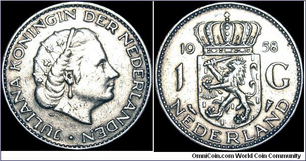 Netherlands - 1 Gulden - 1958 - Silvercoin 0,720 Ag - 0,1504 Troy Ounce - Size 25 mm - AlignmentCoin (180°) - Ruler / Juliana (1948-80) - Designer / L. O. Wenckebach - Edge lettering : *ZIJ*MET*ONS* - Mintage 30 000 000 - Reference KM# 184 (1954-67)