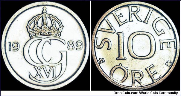 Sweden - 10 Öre - 1989 - Weight 1,44 gr - Size 15 mm - Thickness 1,16 mm - Alignment Medal (0°) - Ruler / Carl XVI Gustaf (1973-) - Minted in Eskilstuna / Sweden - Edge : Smooth - Mintage 245 180 644 - Reference KM# 850 (1976-91)