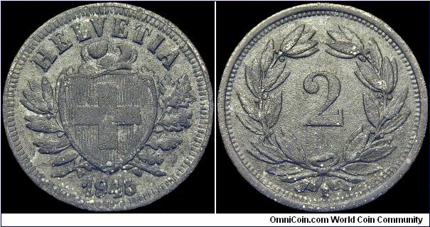 Switzerland - 2 Rappen - 1945 - Weight 2,5 gr - Zinc - Size 20 mm - Alignment Medal (0°) - Engraver Reverse / A. Hutter - Edge : Smooth - Mintage 3 640 000 - Reference KM# 4.2a (1942-46)