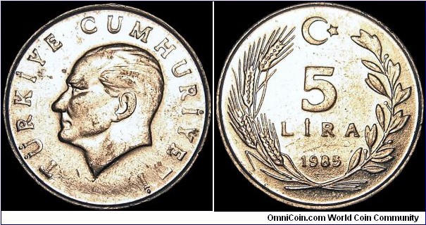 Turkey - 5 Lira - 1985 - Weight 1,7 gr - Aluminium - Size 21 mm - Thickness 2 mm - Alignment Coin (180°) - President / Kenan Evren (1982-89) - Obverse Head of Kemal Atatürk left - Edge : Reeded - Mintage 9 405 000 - Reference KM# 963 (1984-89)