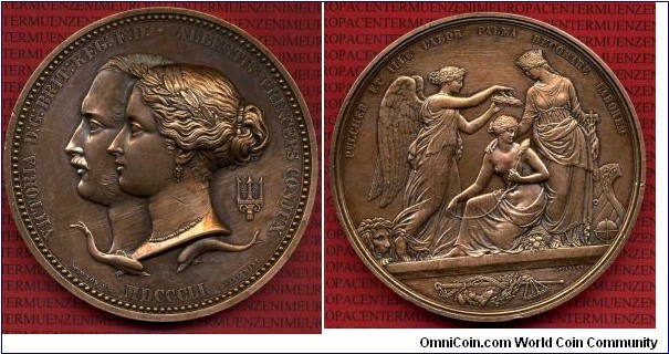 Great Britian Royal Mint Juror Victoria Albert Holmann Exhibition Medal by W & L.C.Wyon. Bronze 63.2MM/132.2 gm.
Obv: VICTORIA D : G : BRIT : REG F : D : (rosette) ALBERTUS PRINCEPS CONJUX., jugate heads of Albert and Victoria, laureate and wearing earring and necklace, left; trident head to right, two dolphins below; in exergue, MDCCCLI. between W.WYON R.A. and ROYAL MINT. Rev:  DISSOCIATA LOCIS CONCORDI PACE LIGAVIT, Britannia seated right on trophy of arms, crowning Industry kneeling left; to right, Asia, Africa, America, and Europa standing left; 
