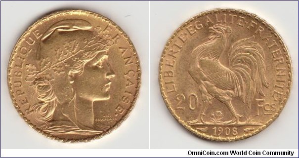 Minted from 1899 to 1914, these traditional French gold coin feature the dynamic image of the Gallic Rooster, or Coq Gaulois, one of the national symbols of France since the Middle Ages. The Gallic Rooster played an important role during the French Revolution as an image of revolutionary vigilance, confidence, and pugnacity. In the 1830s, the Rooster temporarily replaced the fleur-de-lis as the official national emblem until Napoleon III reinstated the latter in the mid-1800s.
Fineness:0.9/Weight:6.4516/Gold Content:0.1867ozt
Description Obverse:
Hooded bust of Marianne facing right, crowned with oak branch, J.C. Chaplain signature right of neck
Description Reverse:
Standing rooster facing left with “20” to left and “Fcs” to right, date below

Legend Obverse:
REPUBLIQUE FRANÇAISE
Legend Reverse:
LIBERTE–EGALITE–FRATERNITE
Edge:
LIBERTE EGALITE FRATERNITE
