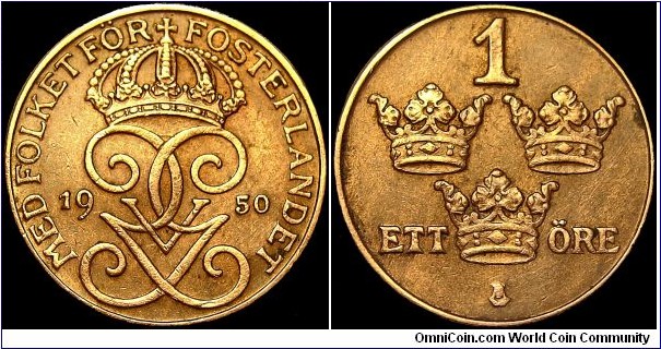 Sweden - 1 Öre - 1950 - Weight 2 gr - Bronze - Size 16 mm - Thickness 1,5 mm - Alignment Medal (0°) - Ruler / Gustaf V Adolf (1907-50) - Edge : Smooth - Mintage 22 421 200 - Reference KM# 777.2 (1909-50)