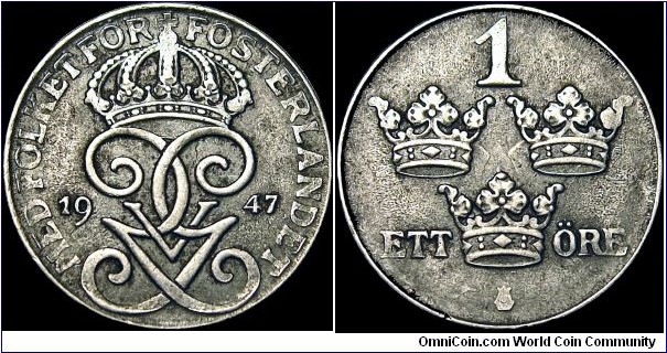 Sweden - 1 Öre - 1947 - Weight 1,7 gr - Iron - Size 16 mm - Alignment Medal(0°) - Ruler / Gustaf V Adolf (1907-50) - Edge : Smooth - Mintage 14 244 500 - Reference KM# 810 (1942-50)