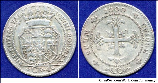 4 creuzer (batzen).
Canton Neuenburg, under Prussian rule from 1707-1806 and 1814-1857.
Friedrich Wilhelm III (1797-1840), von Preussen.


Bilon.