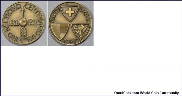 Swiss Locarno Centenario Del Triro Ticino 1832-1932 Medal by Wilhelm Schwerzmann/Huguenin. Bronze 60MM.
