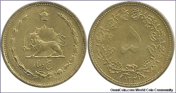 Iran-Kingdom 5 Dinar 1321(1942)