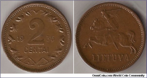 KM 80   2 CENTAI
2.30 g., Bronze, 18.5 mm.rev. National arms Obv. Large value divides date within wreath Edge: Plain 
Designer: Juozas Zikaras
 

