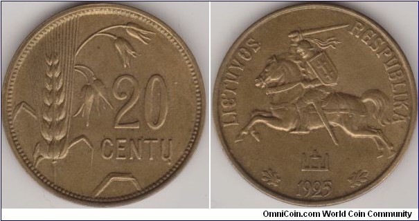 KM74   20 CENTU
4.00 g., Aluminum-Bronze, 23 mm. National arms -obv.Value to right of sagging grain ears
Edge: Plain 
Designer:JuozasZikaras            Mintage: 8,000,000
           
