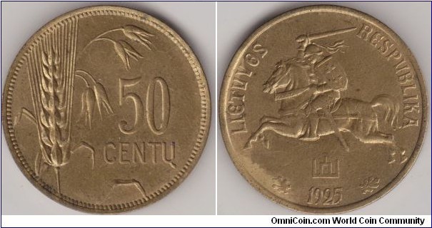 KM 75   50 CENTU
5.00g., Aluminum-Bronze, 25 mm.  Value to right of sagging grain ears
Edge: Plain 
Designer:Juozas Zikaras
Date 1925,Mintage  5,000,000   
