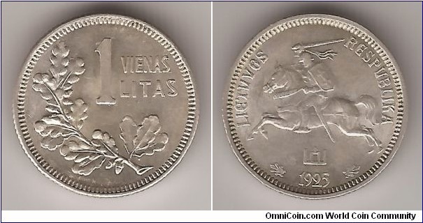 KM76   1 LITAS
2.70 g.,Silver (500),Diameter: 19 mm. National arms Value above oak leaves, Edge: Milled ,Designer: Juozas Zikaras
Mintage: 5,985,000  
