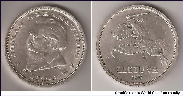 5 Litas coin. Jonas Basanavičius. Year: 1936. Silver (750). Diameter: 27.1 (mm). Weight: 9.00 (g). Edge: 2.5 (mm),Edge Lettering: TAVO GEROVĖ TAUTOS GEROVĖ.
Mintage:2.612.000
Design: Juozas Zikaras