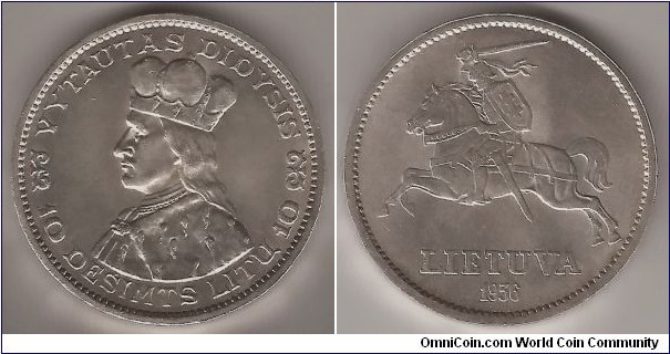 10 Litas Bust Left Grand Duke of Lithuania Vytautas. Year: 1936. Silver (750). Diameter: 32.2 (mm). Weight: 18.00 (g). Edge: 2.5 (mm), Edge Lettering : TAUTOS JĖGA VIENYBĖJE. Design Juozas Zikaras
Mintage:720.000
