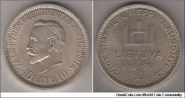 20th Anniversary (1918-1938) of Republic 10 Litas coin. The Bust Left President of Lithuania Antanas Smetona. Year: 1938. Silver (750). Diameter: 32.2 (mm). Weight: 18.00 (g). Edge: 2.5 (mm),Edge Lettering: TAUTOS JĖGA VIENYBĖJE. Gediminas Columns on rev. above date 1918-1938.
Mintage: 170.000
Design: Juozas Zikaras
