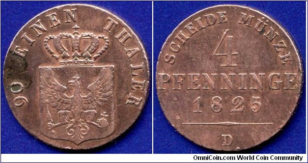 4 pfenninge.
Kingdom of Prussia.
Friedrich Wilhelm III (1797-1840).
*D* - Aurich mint.


Cu.