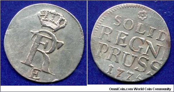 Solid.
East Prussia.
Friedrich II (1740-1786), Der Grosse.
*E* - Königsberg mint.


Billon.