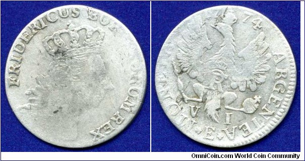 6 groschen (Szostake).
East Prussia.
Friedrich II (1740-1786), Der Grosse.
*E* - Königsberg mint.


Billon.