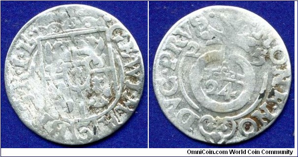 1/24 Thaler (Groschen).
Brandenburg-Prussia.
Georg Wilhelm (1619-1640).
*IP* - Berlin mint, mintmaster Jackob Panckaert, work in 1625-27.


Billon.