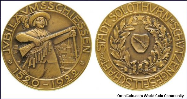 Swiss Solothurn Schützengesellschaft Jubiläumsschiessen Medal. Bronze 51MM/50.6 gm
