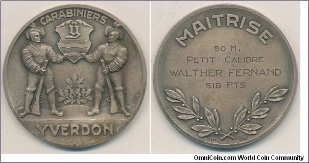 Swiss Yverdon Maitrise de la Societe des Carabiniers Schutzenmedaillen by Paul Kramer. Silver 50MM/ 52.7 gm
