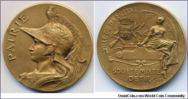 1900 o.j. France Societe Mixte de Tir Ville de Darnetal Medal by A. Bertrand.  Bronze 37MM/20 gm
