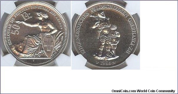 Swiss 50 Francs Oberhasli Shooting Festival Medal. Silver MS65
