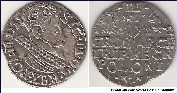 Lit.-Zigmantas Vaza
Pol.-Zygmunt III Waza
Swed.-Sigismund, 
3 grosh. (20 mm), 1622
crowned ruffed bust / inscription
Krakow mint
SIG III D G REX POL M D L
III  GROS ARGE TRIP REGN POLONI 