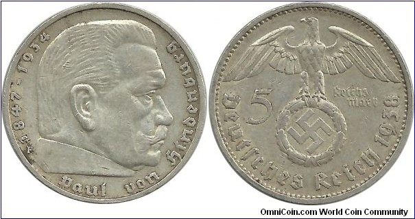 Germany-Nazi 5 Reichsmark 1938F