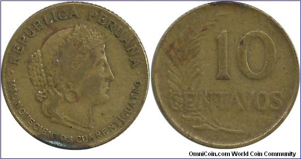 Peru 10 Centavos 1944 date is written in words
