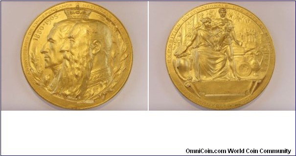 1905 Belgium Exposition International, 75th Birthday 1830-1905 Independence Medal by Dupuis & Cantillon/Edit Massonet. Gold plated Bronze. 66MM.
