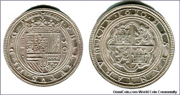 A modern copy of a 50 Reales, possibly made at the Segovia mint. Six ounces, .999 silver.