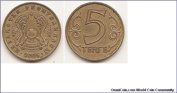 5 Tenge
KM#24
2.2000 g., Brass, 17.3 mm. Obv: National emblem Rev: Value flanked by designs