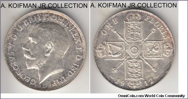 KM-817, 1912 Great Britain florin; silver, reeded edge; early George V, good extra fine to about uncirculated specimen, nice toning accentuating remaining luster.