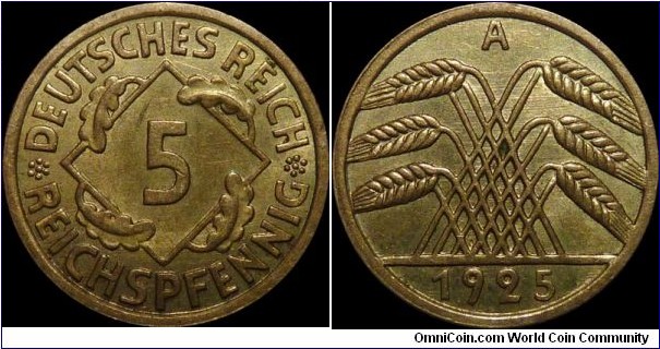 Weimar Republic 5 Reichspfennig 1925-A
