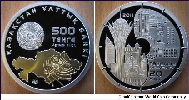 500 Tenge - 20 years of independence - 31.1 g Ag .925 Proof (partially gold plated) - mintage 5,000